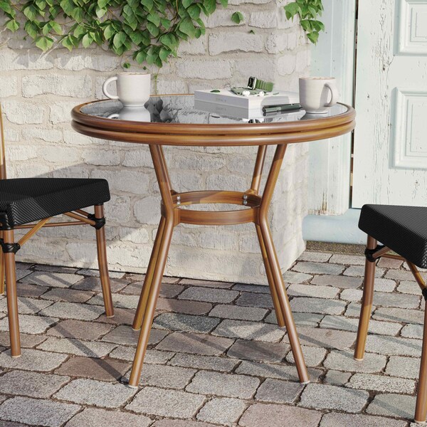 Flash Furniture Marseille French Bistro 31.5in. Table, Blk Textilene, Glass Top, Bamboo Print Alum Frame in Natural SDA-AD641011-80-BK-NAT-GG - main